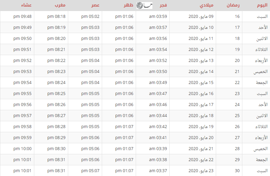 إمساكية رمضان 1441 روما