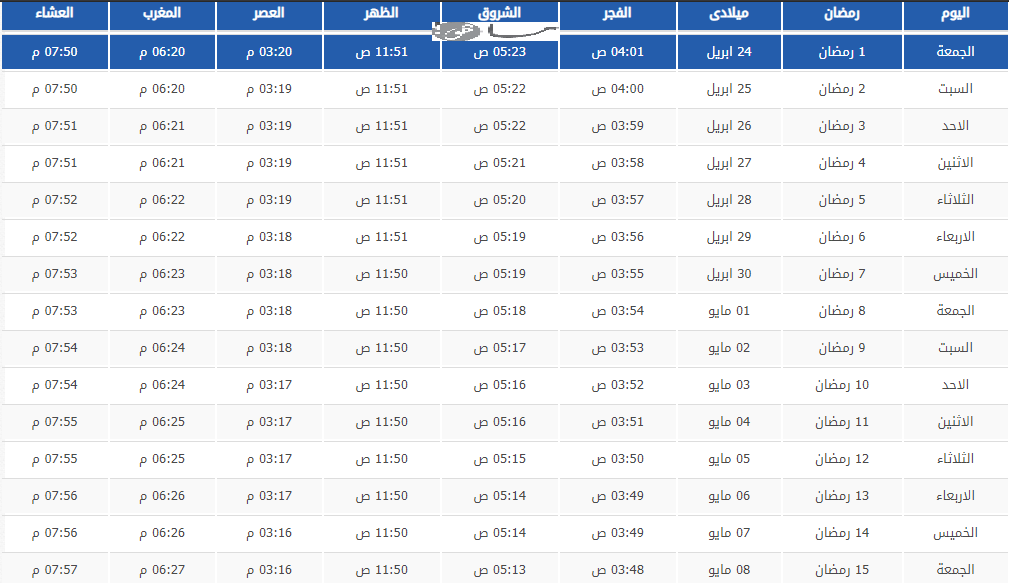 إمساكية رمضان 2020 الرياض
